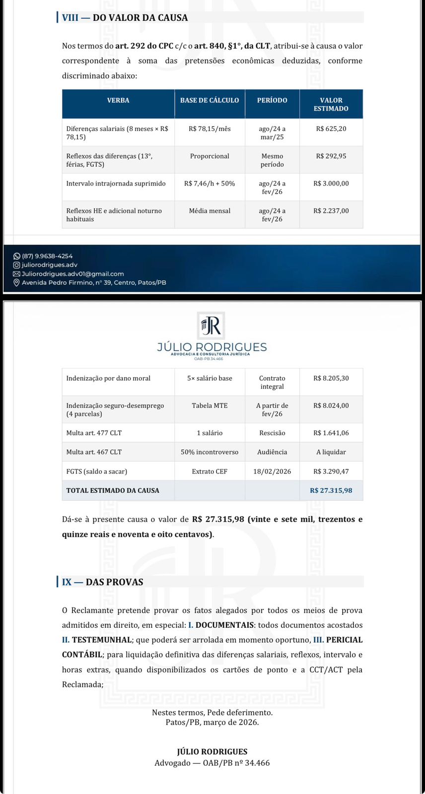 Portfólio Melquiades Law — Tabela de cálculos e valores